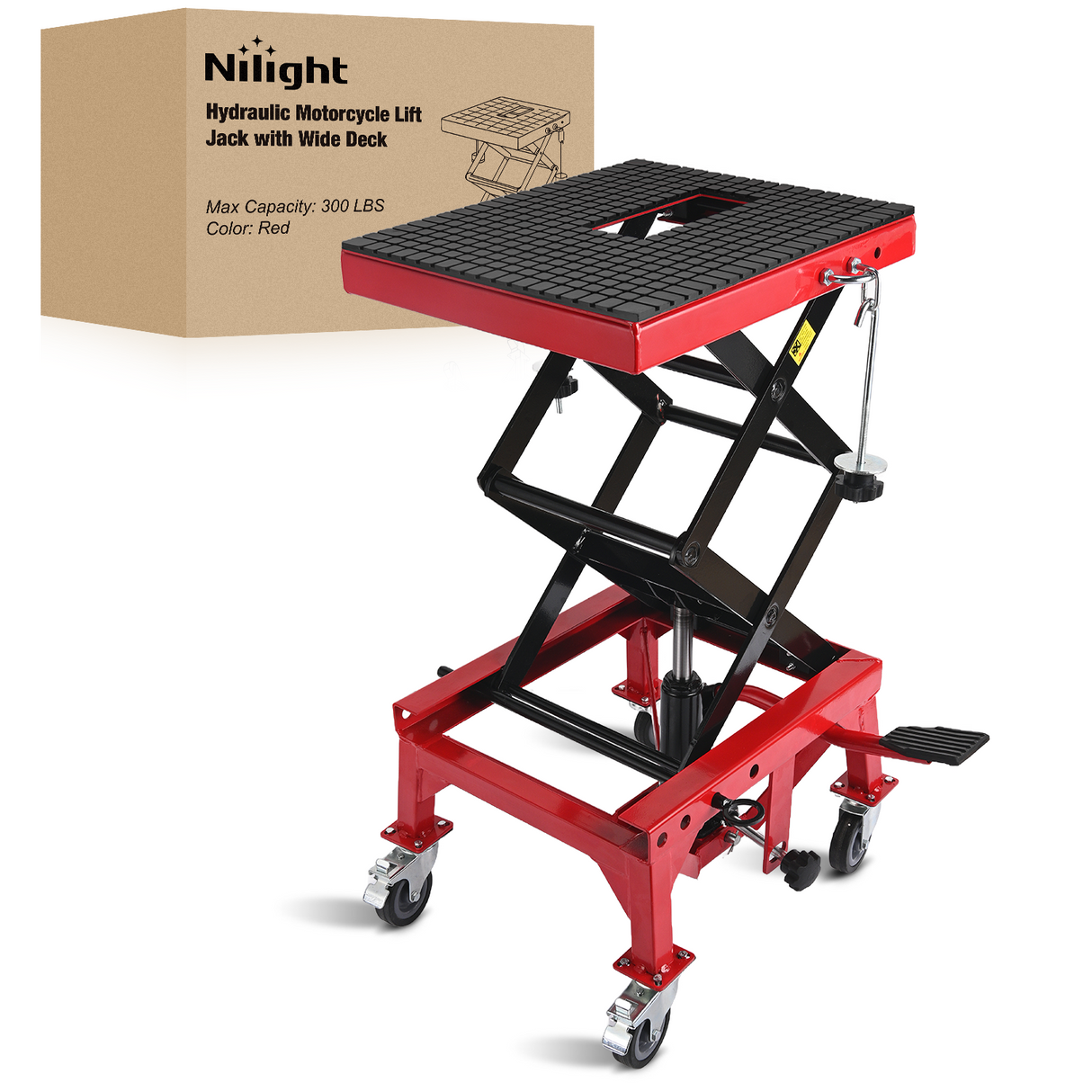Nilight Motorcycle Lift Table Jack 300 LBS Heavy Duty Hydraulic Motorcycle Scissor Jack Lifts Table Foot Pedal with 4 Caster Wheels Wide Deck for Motorbike Dirt Bike ATV Garage Repair Tool, Red