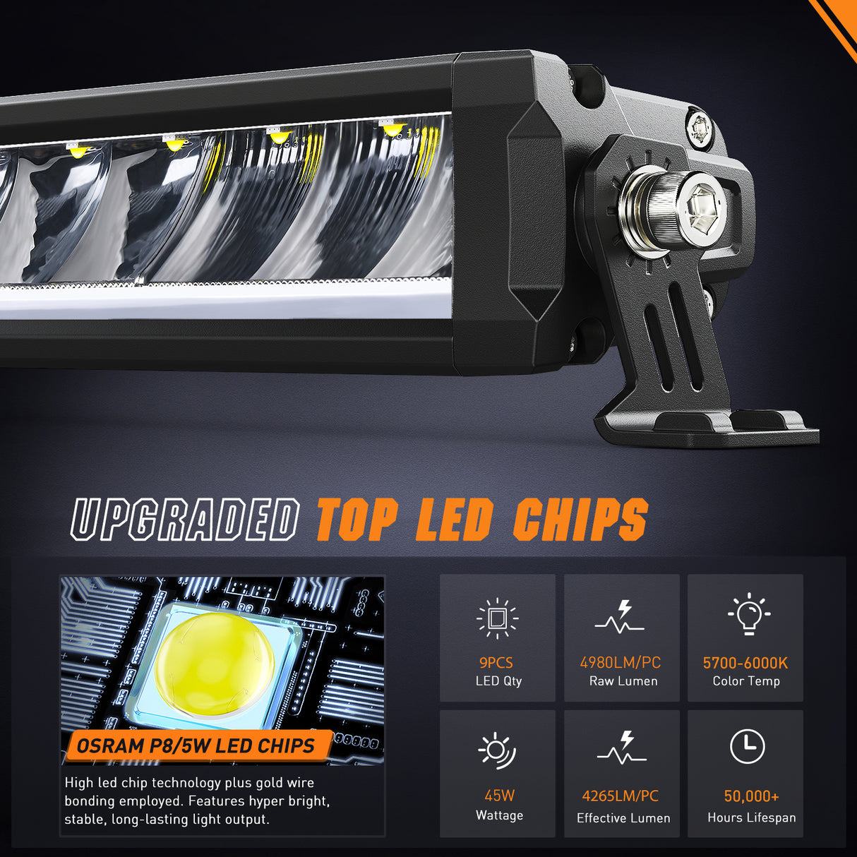 LED Light Bar with Amber DRL 2 PCS 45 W 12.2 Inch Single Row Slim 4980 LM Anti-Glare Flood Spot Combo IP68 Offroad Driving Lights w/ 16AWG DT Wiring Kit for Pickup Truck SUV ATV UTV 4x4 Jeep