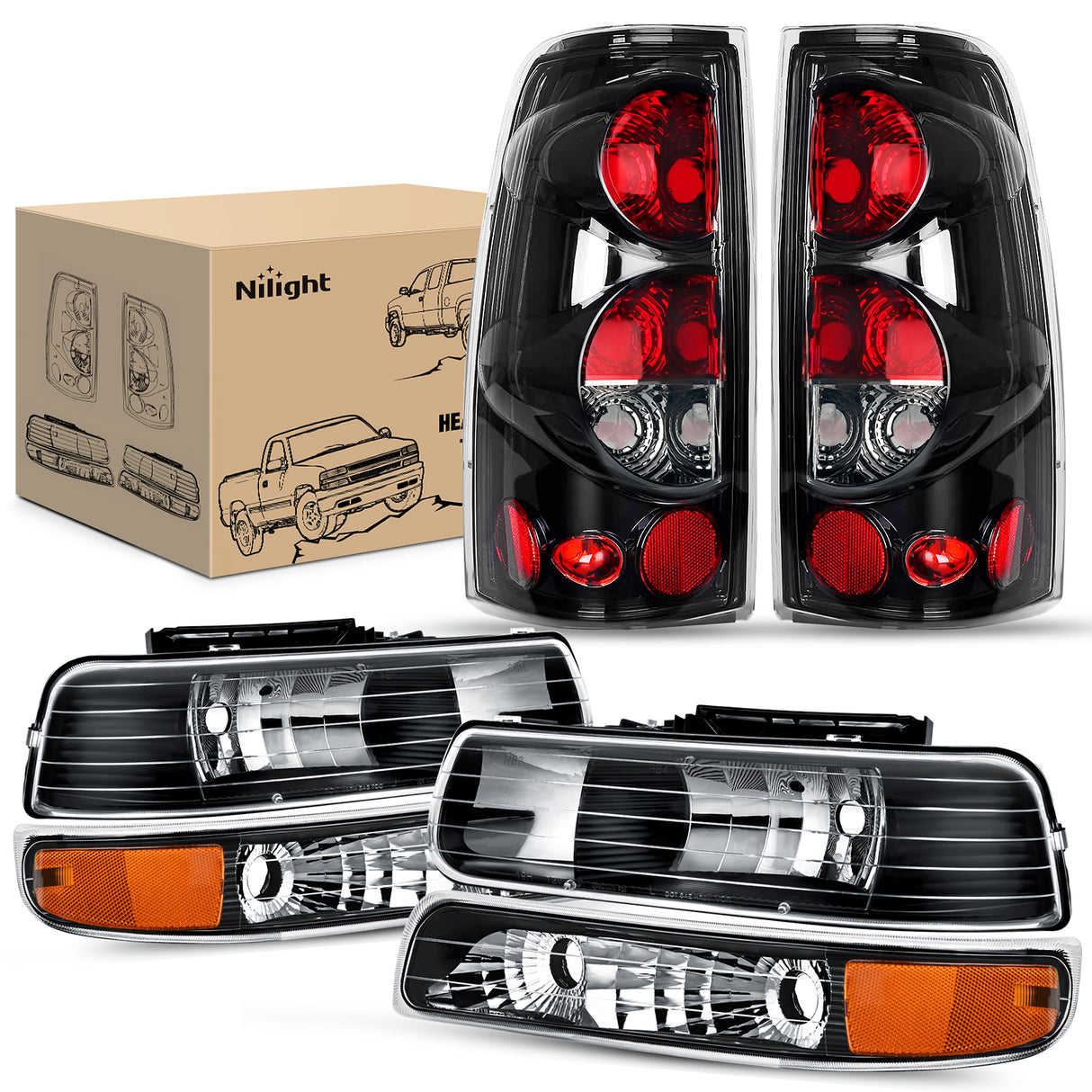 Nilight Headlight And Taillight Assembly Combo Compatible with 1999 2000 2001 2002 Chevy Silverado 1500 2500 1500HD 2500HD 3500 OE Style Black Housing Amber Reflector Clear