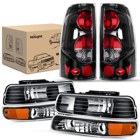 Nilight Headlight And Taillight Assembly Combo Compatible with 1999 2000 2001 2002 Chevy Silverado 1500 2500 1500HD 2500HD 3500 OE Style Black Housing Amber Reflector Clear