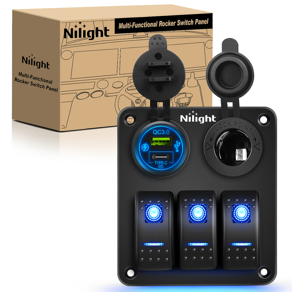 Nilight 3 Gang Rocker Switch Panel Pre-Wired Aluminum with PD Type C and USB Cigarette Lighter Socket Night Glow Stickers 12V 24V ON Off Switches for Car Trucks Boats RVs