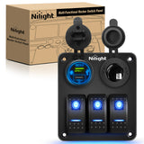 Nilight 3 Gang Rocker Switch Panel Pre-Wired Aluminum with PD Type C and USB Cigarette Lighter Socket Night Glow Stickers 12V 24V ON Off Switches for Car Trucks Boats RVs