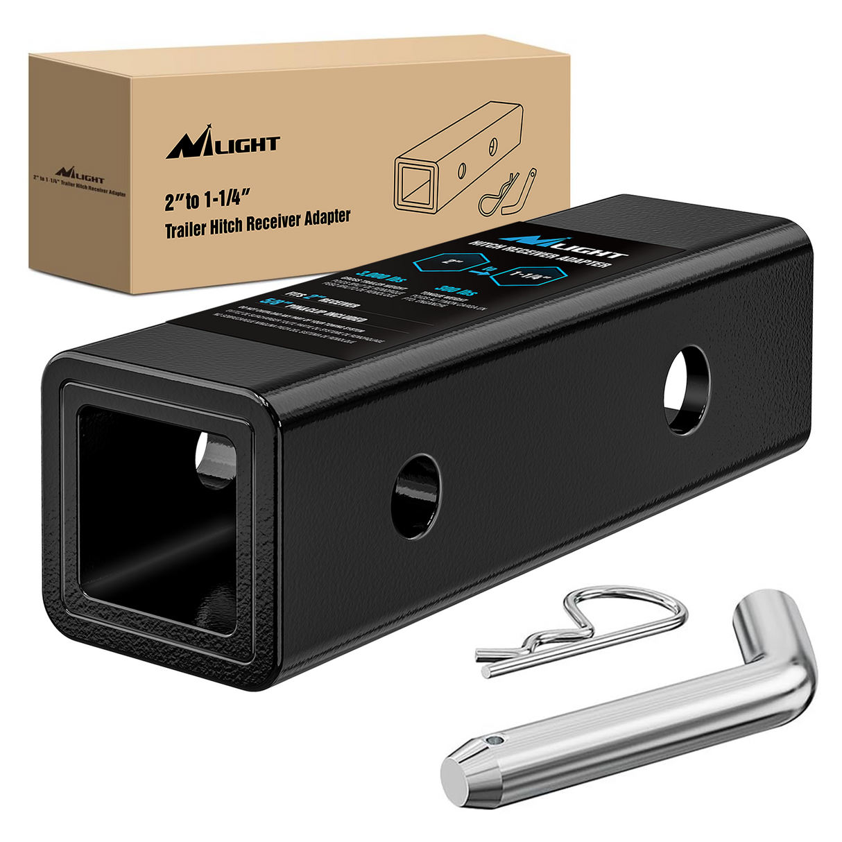 Nilight Trailer Hitch Receiver Adapter Reducer Sleeve 2 to 1-1/4 Inch with 5/8Inch Hitch Pin and Clip Hitches Towing Accessories for Tractor Bucket RV UTV Truck Bike Rack Cargo Carriers Carbon Steel