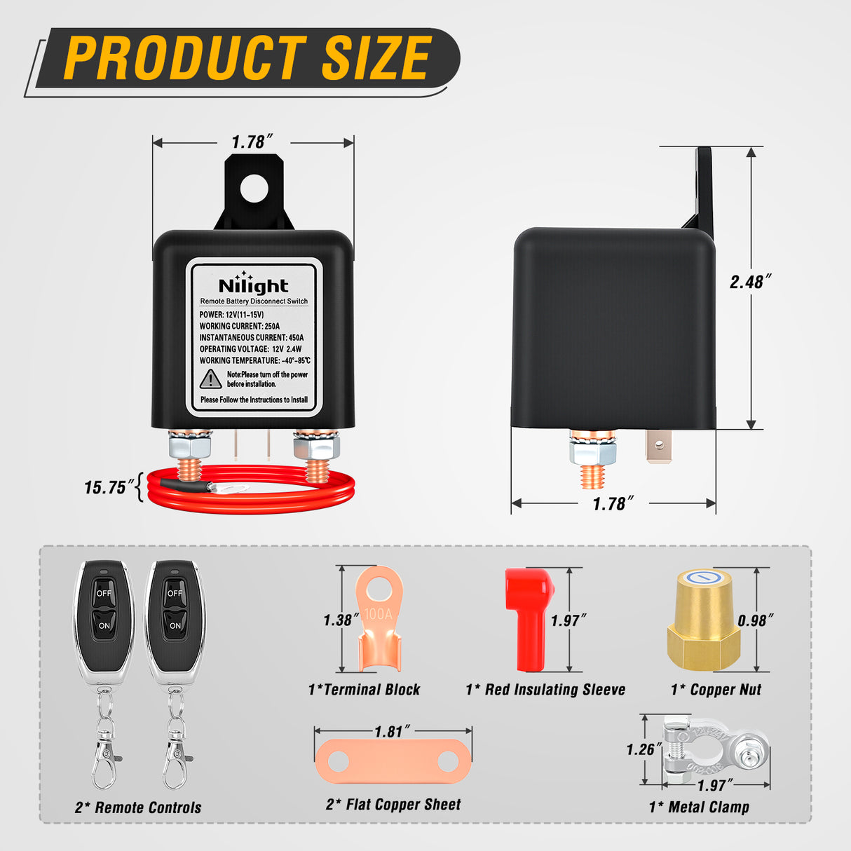 Remote Battery Disconnect Switch 12V 250A Car Anti-Theft Kill Switches Upgrade Prevent Power Drain with Wireless Remote Control Relay Fobs for Auto Truck RV Boat