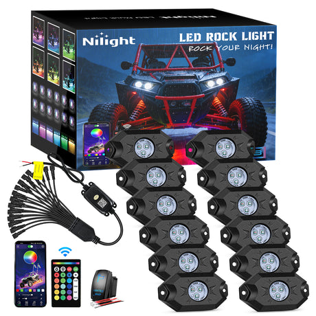 RGB Rock Lights RGB LED Rock Lights Kit 12 Pods Underglow Multicolor Neon Pod with Remote & Bluetooth App Control DIY Flashing Music Mode Wheel Well Light for Truck ATV UTV RZR SUV