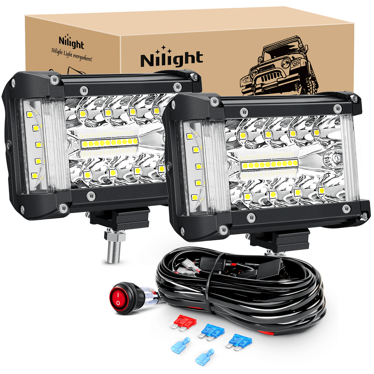 Side Shooter LED Light Bar 2PCS 4.3 Inch Triple Row Spot Flood Combo Lights Work Lighting with 5Pin Rocker Switch Wiring Harness Kit for Off Road Light on Truck SUV ATV UTV