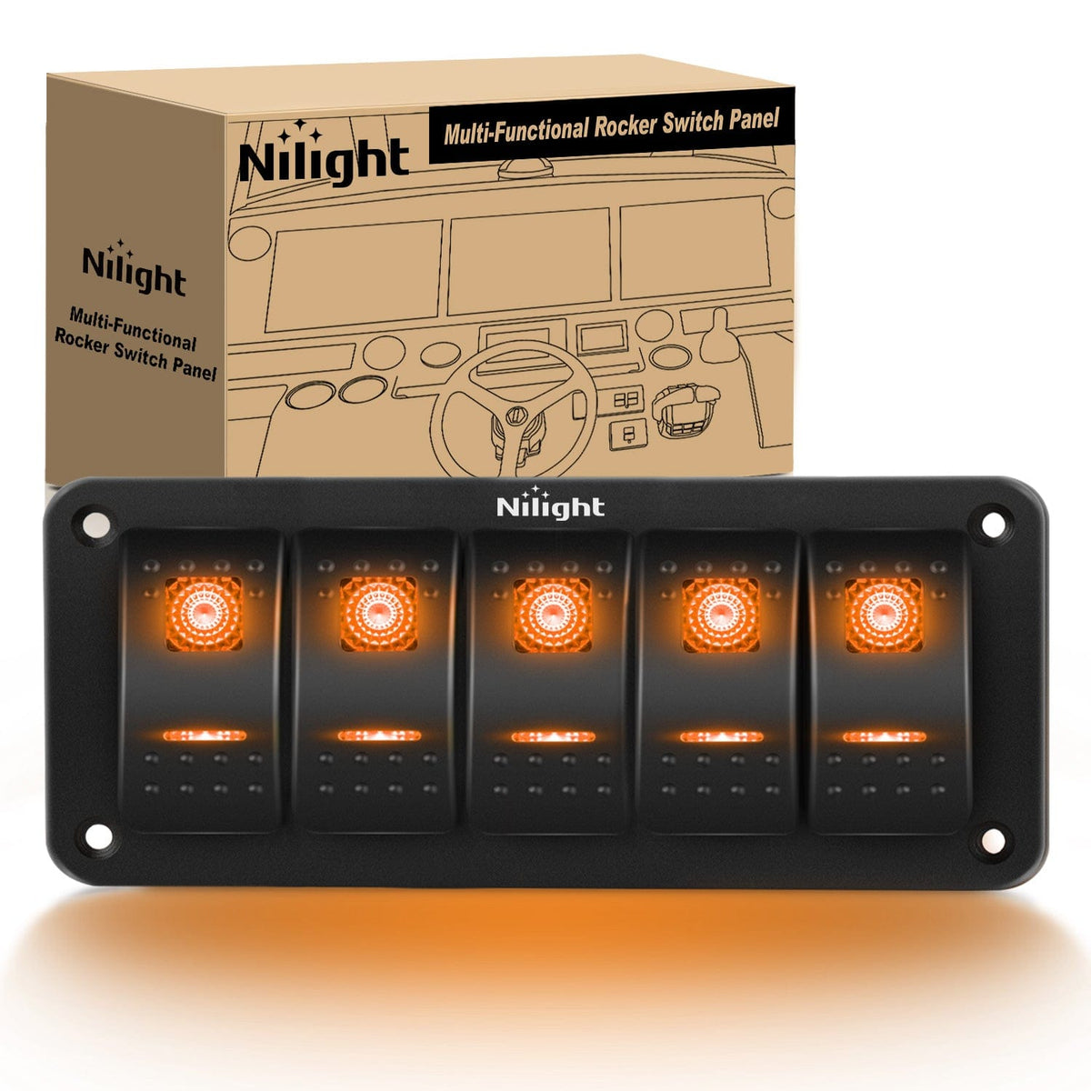 5Gang Aluminum 5Pin ON/Off Rocker Switch Panel Orange - Nilight