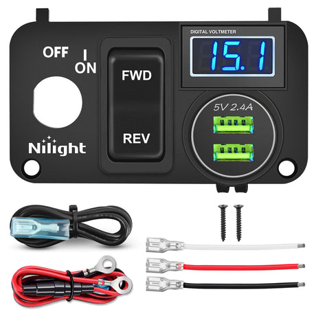 Nilight Golf Cart Key Switch Console Panel 9V-48V DC with Forward Reverse 3PIN Rocker Switches 4.8A Dual USB Quick Charger LED Digital Voltmeter for EZGO TXT PDS