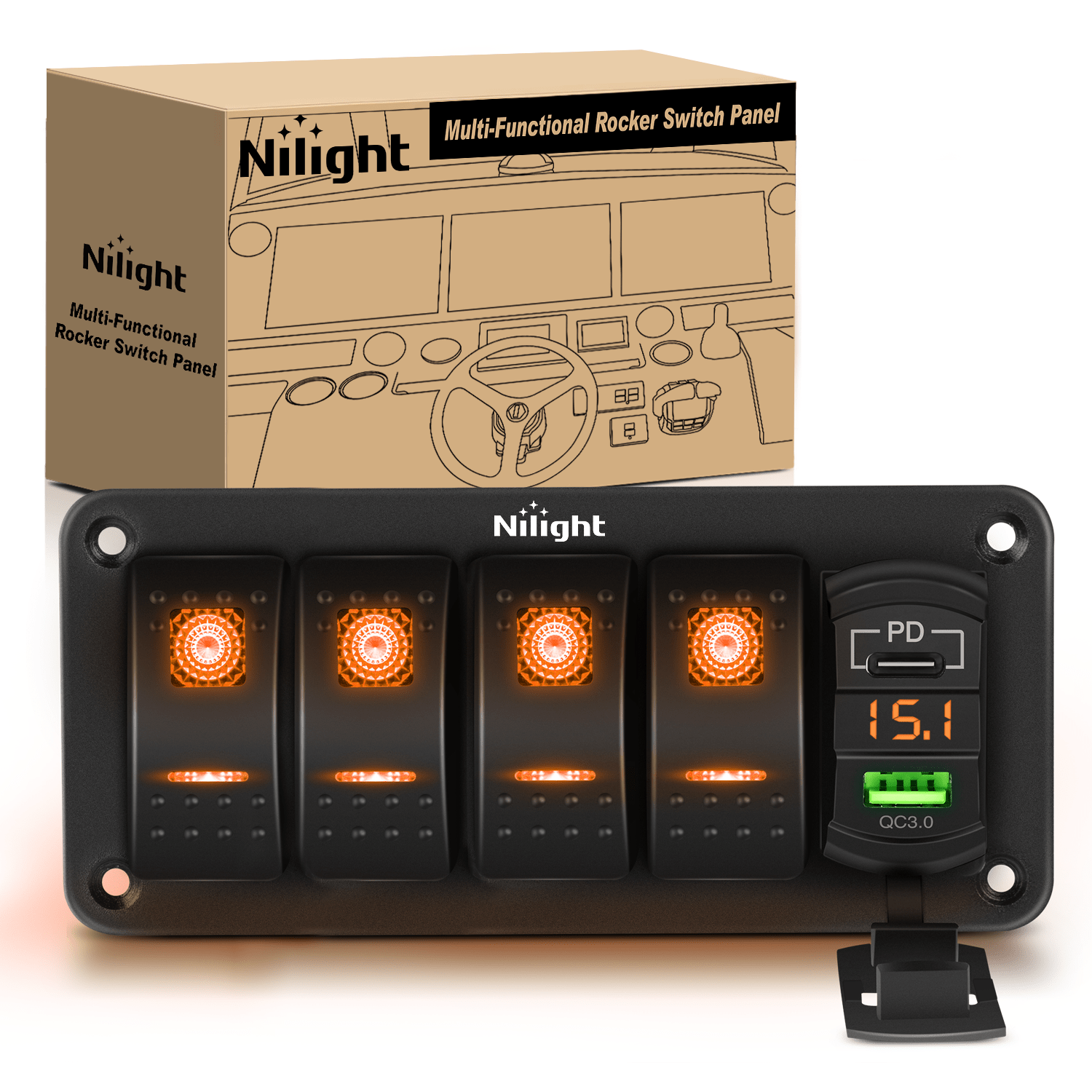 4 Gang Switch Panel With QC3.0 & PD Charger And Voltmerter