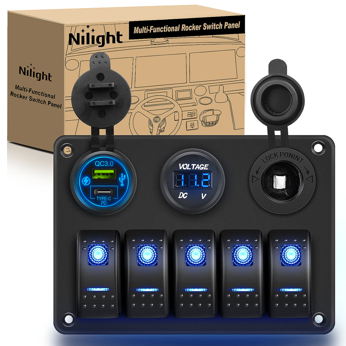 5 Gang Rocker Switch Panel Pre-Wired Aluminum with PD Type C and USB ...