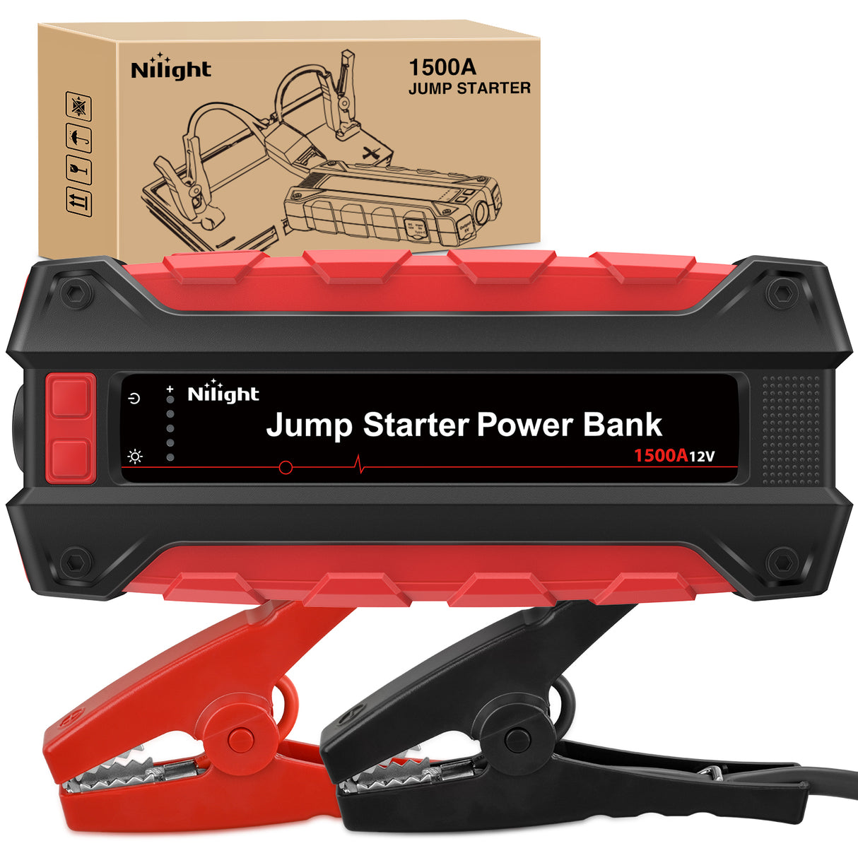 Nilight 1500A Car Battery Jump Starter for Up to 7.0L Gas & 5.5L Diesel Engines 12V Portable Jump Start Booster Pack Jump Box with Jumper Cables DC Output and LED Light