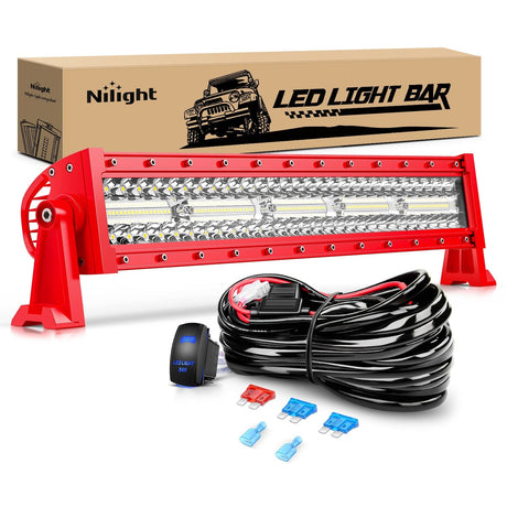 Nilight 22 Inch 480W 28800LM Triple Row Red Shell Spot Flood Led Light Bar | 16AWG Wire 5Pin Switch