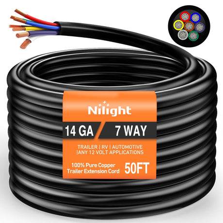 Nilight 50 Feet 7 Way Trailer Extension Cable Traditional SAE 14 Gauge 7 Conductor 100% Pure Copper Wire Insulated Heavy Duty Cord Weatherproof for 7 Pin Blade RV Automotive