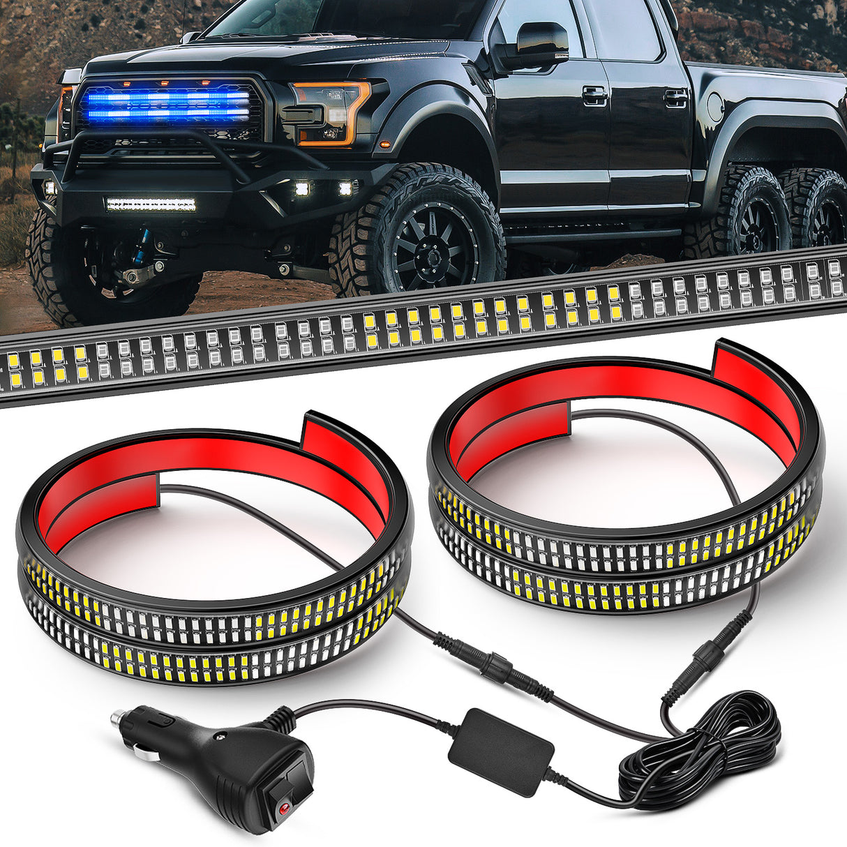 Nilight 2PCS 24 inch Truck Grille Strobe Lights Strip 384 LED Emergency Light Blue White Flexible Side Flashing Warning Caution Safety Waterproof Lighting Kit for Trucks Tow Plow Construction Vehicles
