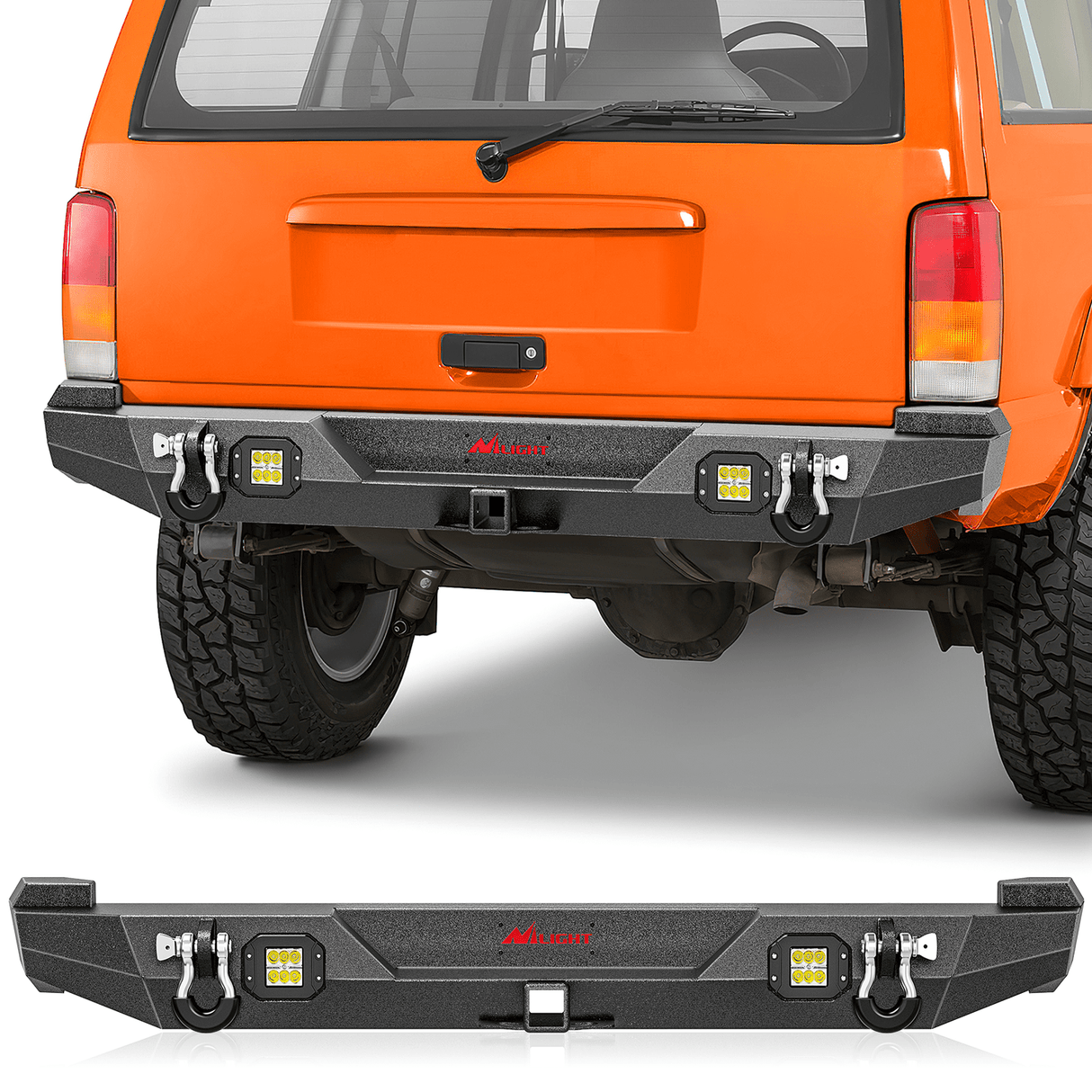 Rear Bumper 1984 1985 1986 1987 1988 1989 1990 1991 1992 1993 1994 1995 1996 1997 1998 1999 2000 2001 Jeep Cherokee XJ Rear Bumper 2inch Hitch Receiver Upgraded 18W LED Light Pods Offroad Textured Black