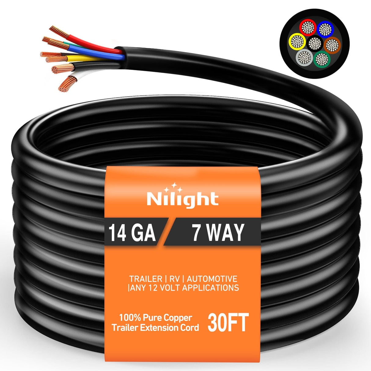 Nilight 30 Feet 7 Way Trailer Extension Cable RV Standard Wire 14 Gauge 7 Conductor 100% Pure Copper Insulated Heavy Duty Cord Weatherproof for 7 Pin Blade Truck Camper RV Automotive