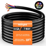 Nilight 30 Feet 7 Way Trailer Extension Cable RV Standard Wire 14 Gauge 7 Conductor 100% Pure Copper Insulated Heavy Duty Cord Weatherproof for 7 Pin Blade Truck Camper RV Automotive