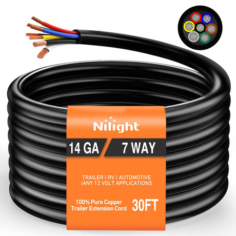Nilight 30 Feet 7 Way Trailer Extension Cable RV Standard Wire 14 Gauge 7 Conductor 100% Pure Copper Insulated Heavy Duty Cord Weatherproof for 7 Pin Blade Truck Camper RV Automotive