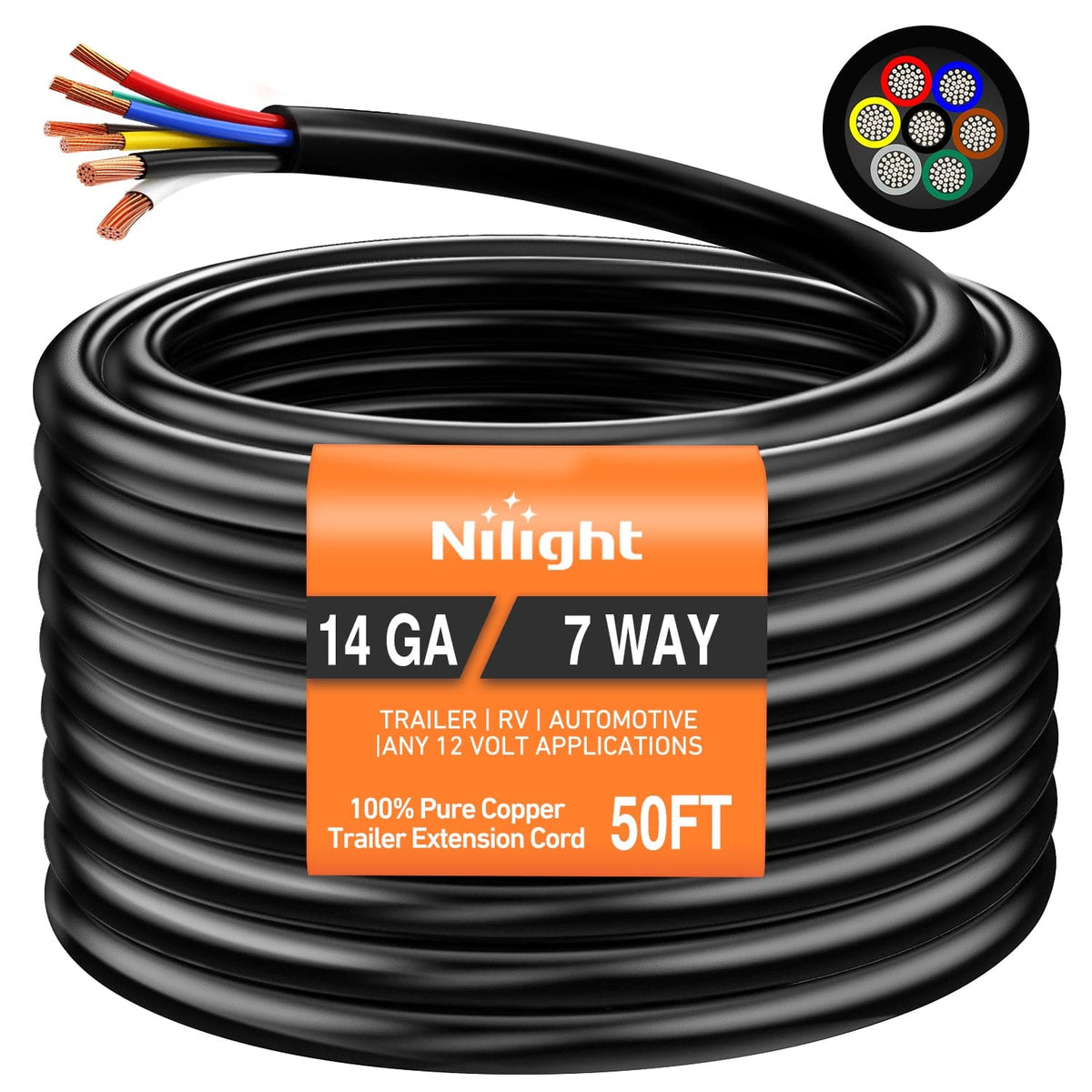 50 Feet 7 Way Trailer Extension Cable RV Standard Wire 14 Gauge 7 – Nilight