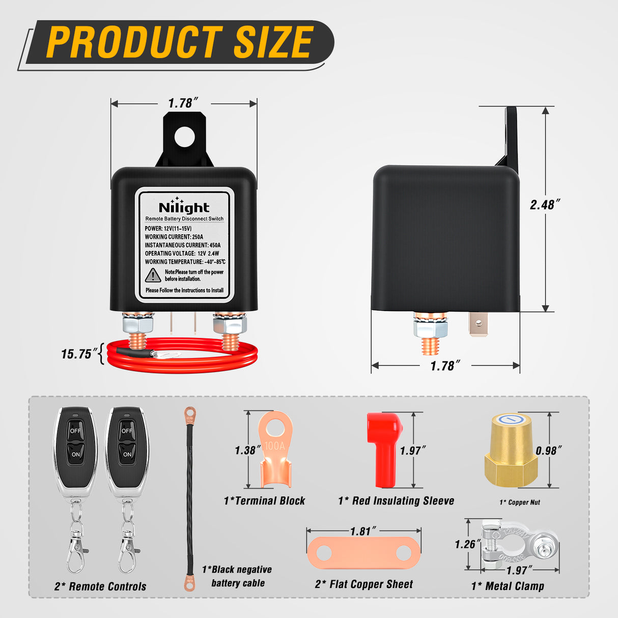 Remote Battery Disconnect Switch 12V 250A Car Anti-Theft Kill Switches Upgrade Prevent Power Drain with Wireless Remote Control Relay Fobs Black Negative Cable for Auto Truck RV Boat