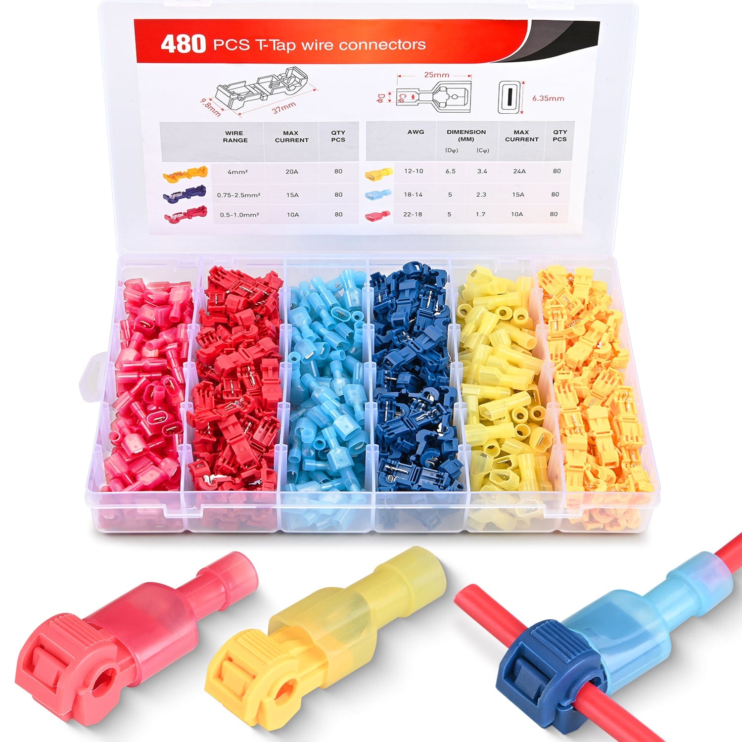 200-Pack T-Tap Male Insulated Connectors - 16-14 AWG, Quick Disconnect, Blue