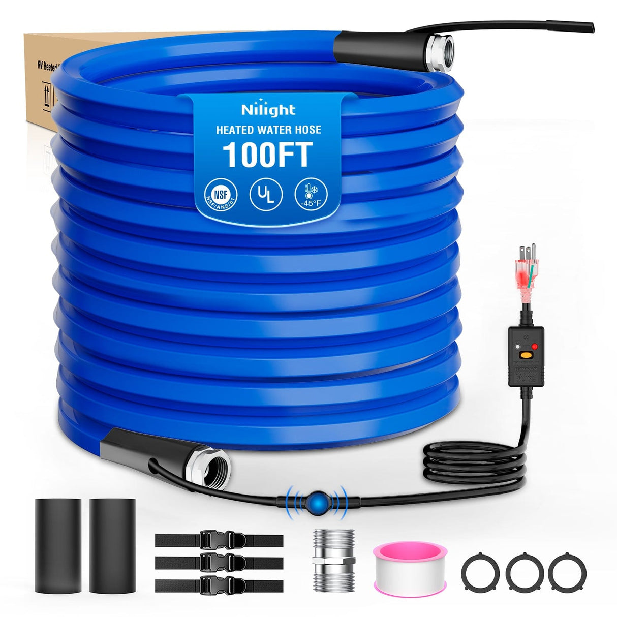 Nilight 100FT Heated Water Hose RV 5/8inch Inside Diameter -45°F Freeze Protaction Antifreeze Garden Drinking Hoses with Saving Thermostat and Smart Heat System for Winter Camper Supply Accessories