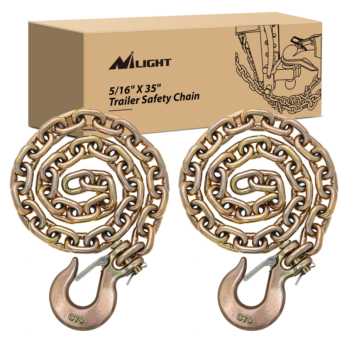Nilight 5/16Inch X 35Inch Trailer Safety Chain 2pcs Grade 70 Towing Chain with Clevis Snap Hooks 18800lbs Break Strength for Trailer, RV,and Boat Towing