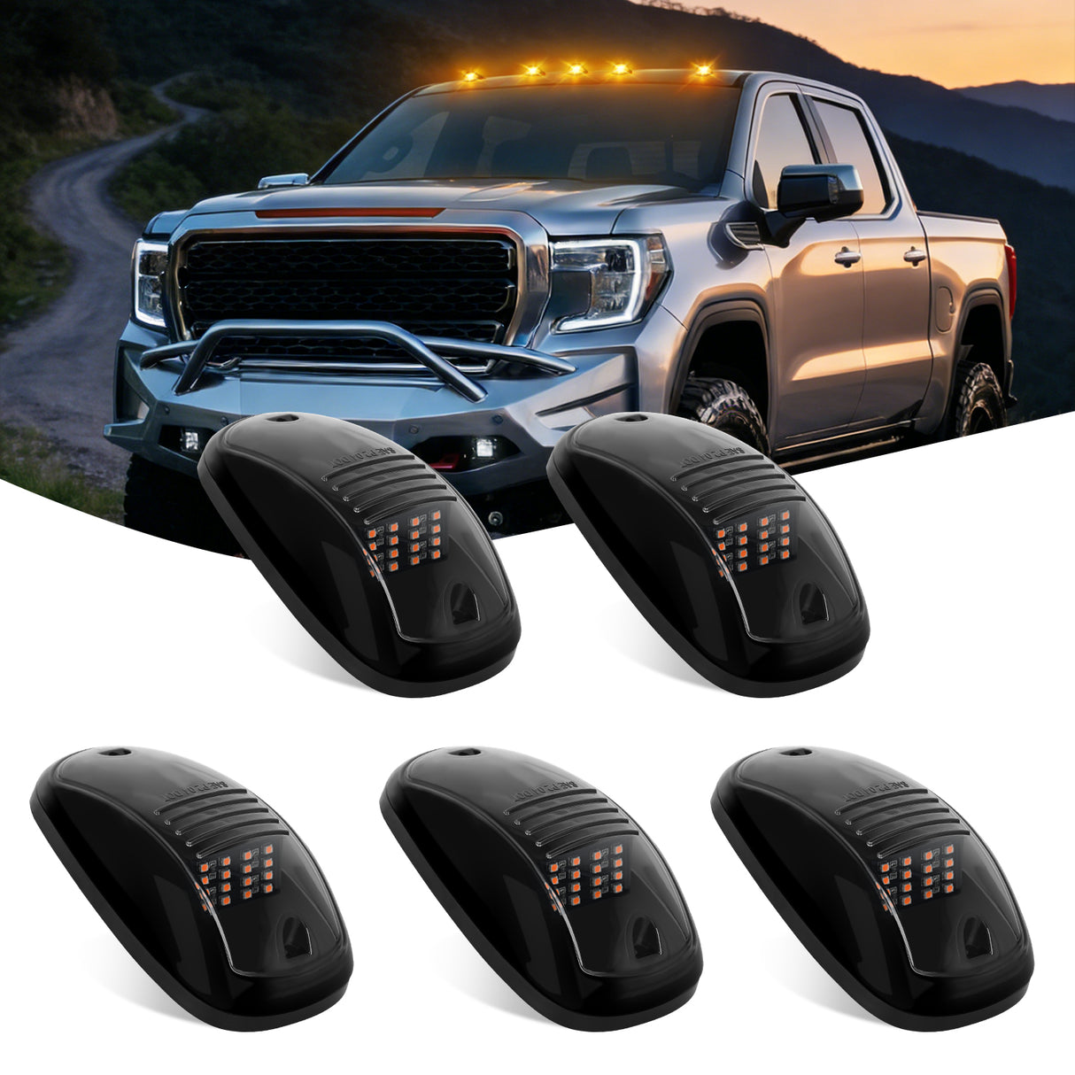 Roof Marker Light Cab Roof Marker Light 5 PCS 16 LED Smoked Lens Amber Top Clearance Lights Kit Waterproof Surface Mount for Ford Dodge Ram SUV POV Pickup Trucks