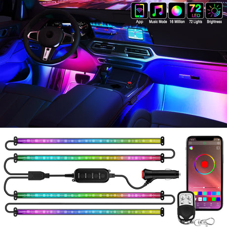 Nilight 72 LED Interior Car Strip Lights RGB-IC Dream Color 12V DC with App RF Remote Control Multicolor Under Car Dash Lighting 2 Lines Design Music Sync Mode for Cars Truck ATV UTV