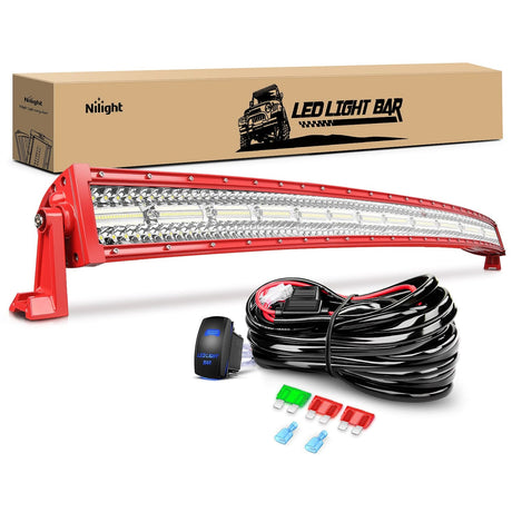Nilight 50 Inch Triple Row Red Shell Spot Flood Led Light Bar | 12AWG Wire 5Pin Switch