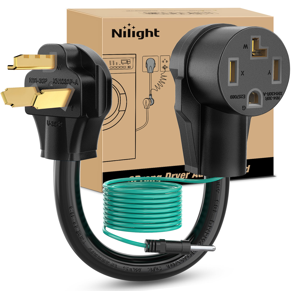 Nilight EV Dryer Adapter Cord 30 Amp to 30Amp 3 Prong 125V 3750 Watt Pure Copper Dryers Old Outlet New Plug Conversion Heavy Duty 10 Gauge Wires 10-30P to 14-30R 30M/30F