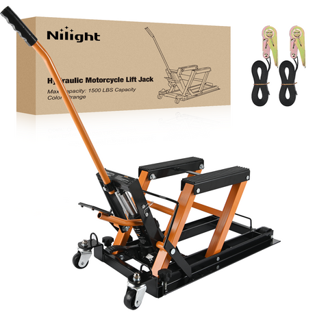 Nilight Motorcycle Lift Jack 1500 LBS Hydraulic Lifts ATV Scissor Jacks with Wheel Foot Pedal Handle Ratchet Belt Heavy Duty Lifter Stand Hoist Table for Dirt Bike Garage Storage Repair Tool,Orange