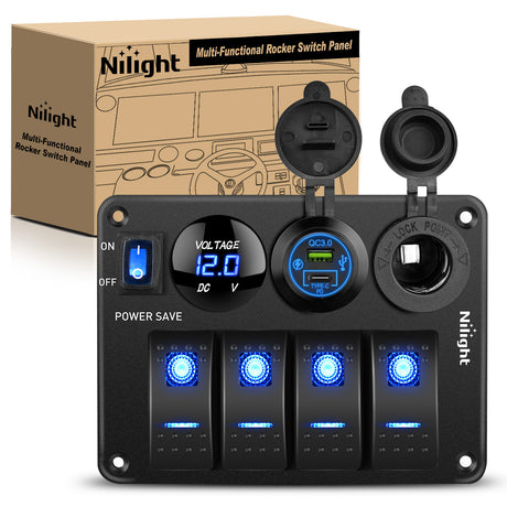 Nilight 4 Gang Rocker Switch Panel Waterproof Pre-Wired Aluminum Power Control Marine Panels with PD Type C and USB Cigarette Lighter Socket Voltmeter 12V 24V ON Off Switches for Car Trucks Boats RVs