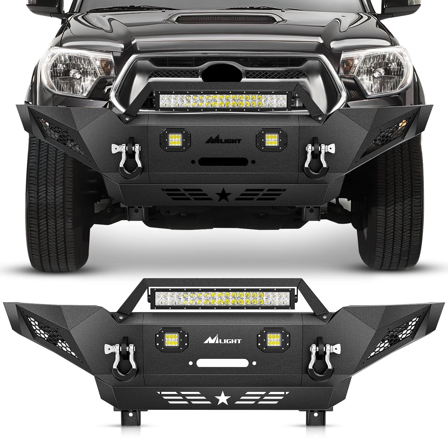 2005-2015 Toyota Tacoma Front Bumper Full Width Solid Steel Winch Plate Offroad 120W Light Bar 18w Pods Nilight