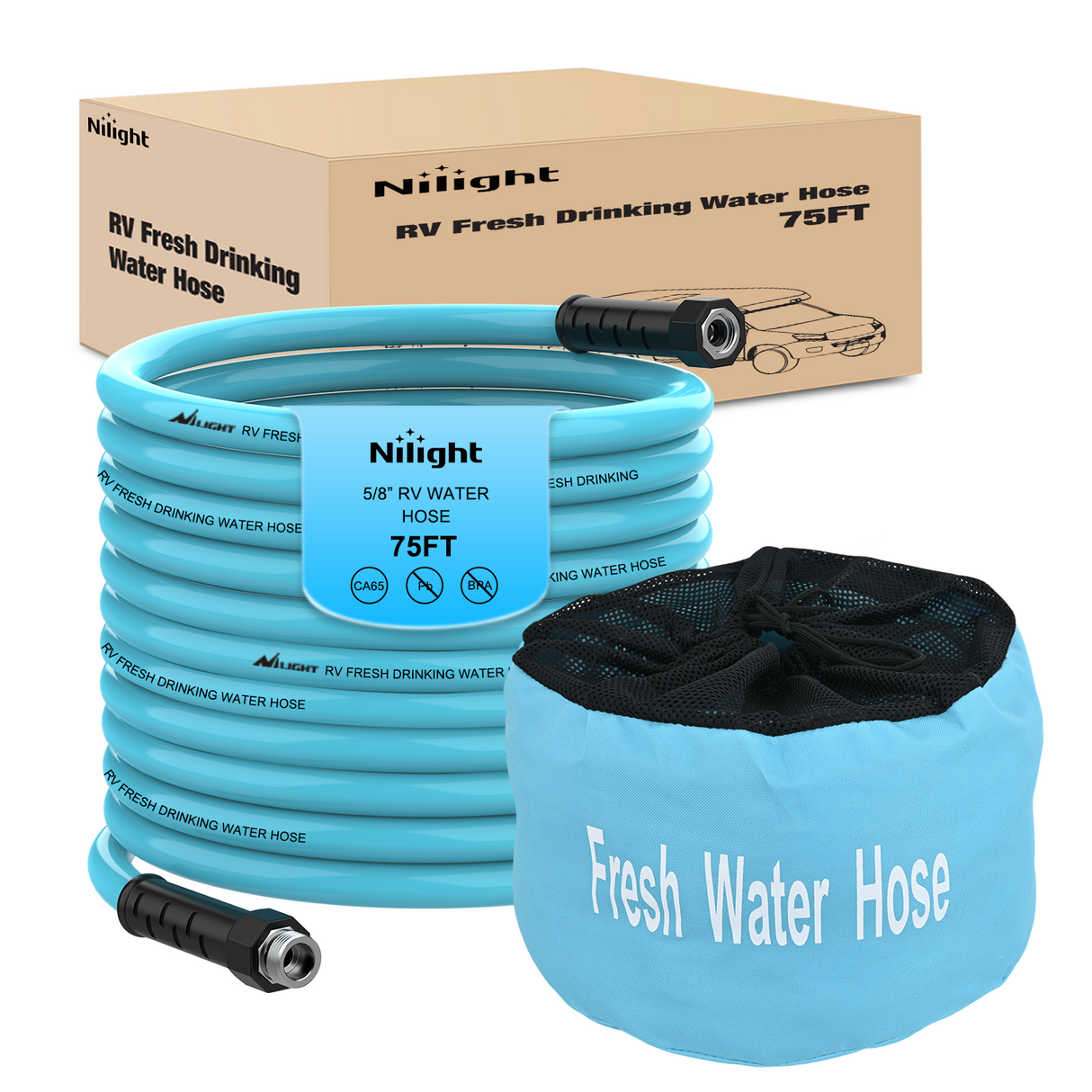 Nilight RV Parts RV Water Hose 75FT Garden Drinking Hoses with Storage Bag Leakproof Anti-Kink 5/8 Inch Inner Diameter Flexible Lightweight Freshwater Hose for RVs Campers Travel Trailer Boat Car Wash Accessories