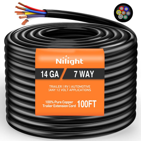 Nilight 100 Feet 7 Way Trailer Extension Cable Traditional SAE 14 Gauge 7 Conductor 100% Pure Copper Wire Insulated Heavy Duty Cord Weatherproof for 7 Pin Blade RV Automotive