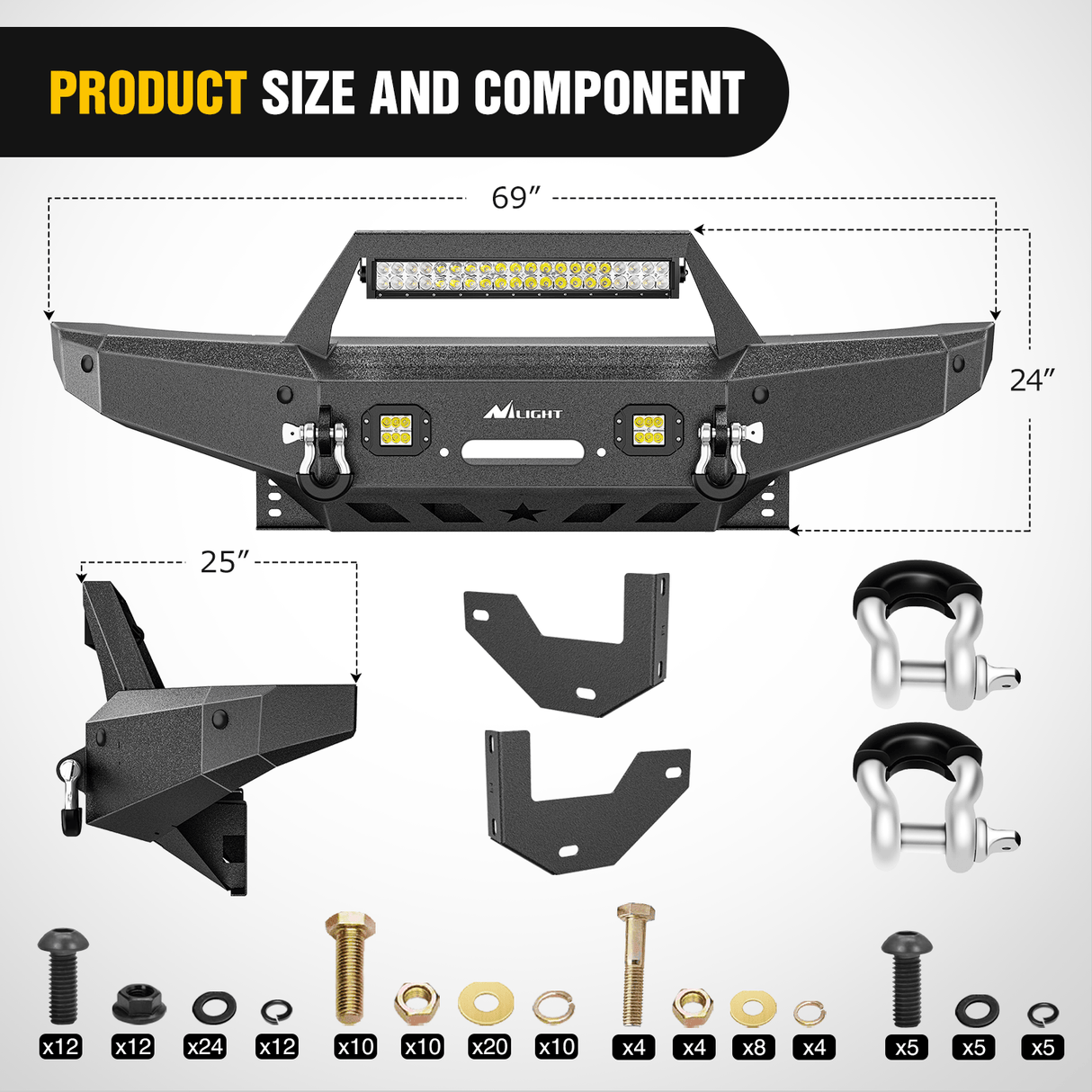 2007-2014 Toyota FJ Cruiser Front Bumper Winch Plate Offroad 120W Light Bar 18W LED Light Pods 2 D-Rings