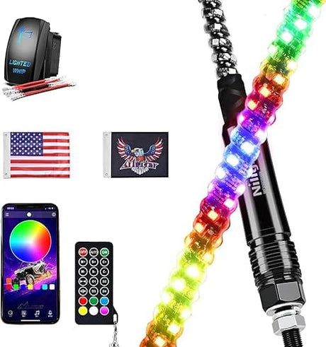 Nilight RGB Whip Light 1PC 5FT Lighted Antenna Whips with Remote & App Control DIY Chasing Patterns Brake Reverse Lights for ATV UTV Polaris RZR Can-am Dune Buggy Pickup Trucks Jeep