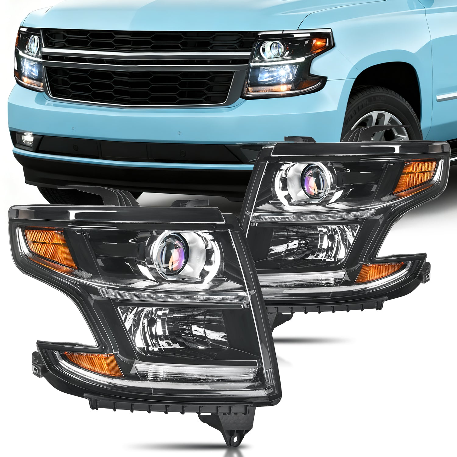Pair Black Projector Headlights W/ LED DRL For 2015-2020 Chevy Tahoe Suburban - Unilight-99