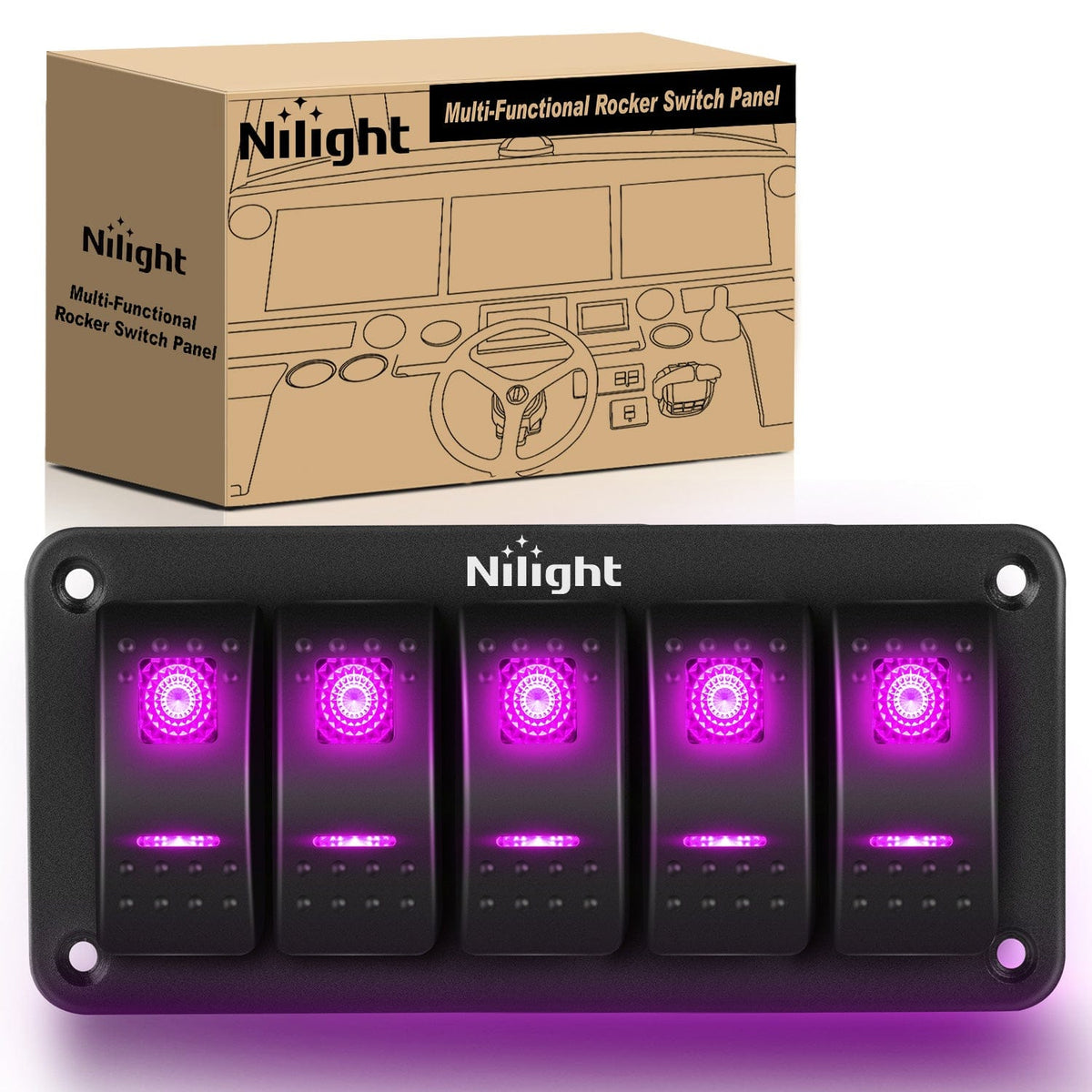 5Gang Aluminum 5Pin ON/Off Rocker Switch Panel Purple - Nilight