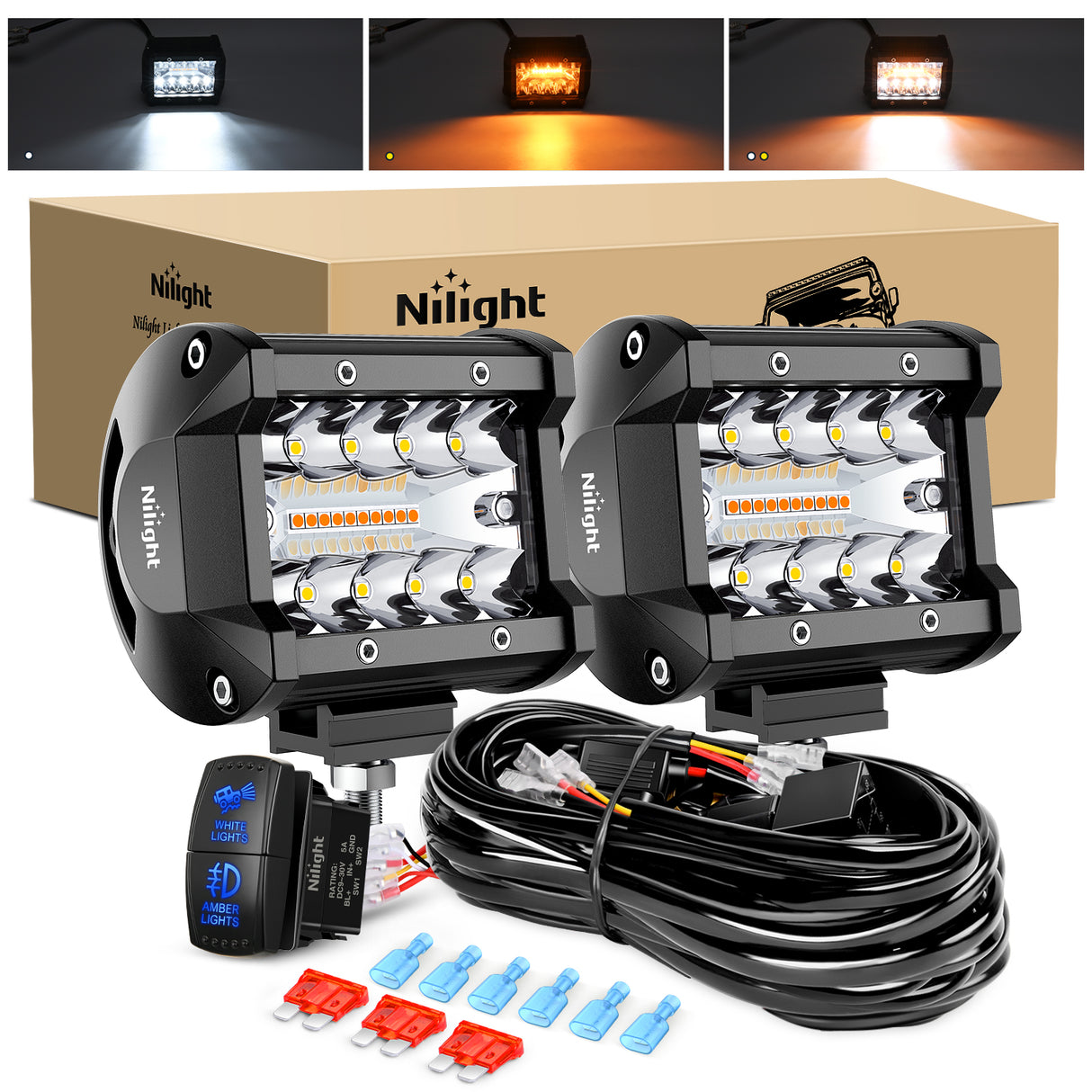 Nilight 4Inch Off-Road LED Light Bar, 2PCS 60W 3 Lighting Modes (White/Amber/White&amp;Amber) Driving Fog Light Spot Flood Lights with 18AWG Wiring Harness for Truck Car ATV SUV Jeep Boat