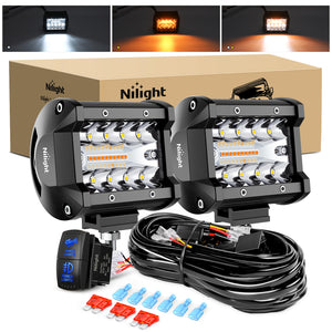 4Inch Off-Road LED Light Bar, 2PCS 60W 3 Lighting Modes (White/Amber/White&Amber) Driving Fog Light Spot Flood Lights with 18AWG Wiring Harness for Truck Car ATV SUV Jeep Boat