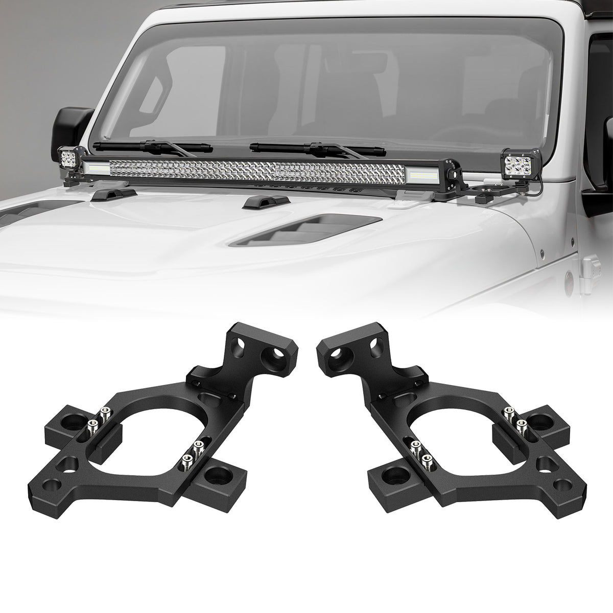Hood Light Mounting Brackets Compatible with Jeep Wrangler JK 2007-2017, LED Light Bar Hood Mount Bracket, No Drilling Required, 2PCS