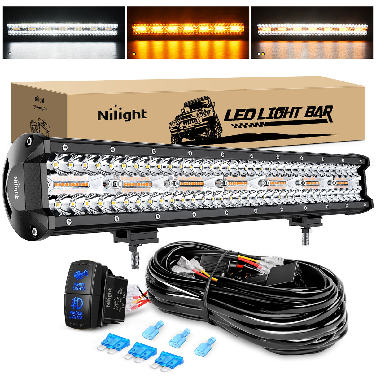 LED Light Bar 20Inch Off-Road LED Light Bar, 420W 3 Lighting Modes (White/Amber/White&Amber) Driving Fog Light Spot Flood Lights with 16AWG Wiring Harness for Truck Car ATV SUV Jeep Boat