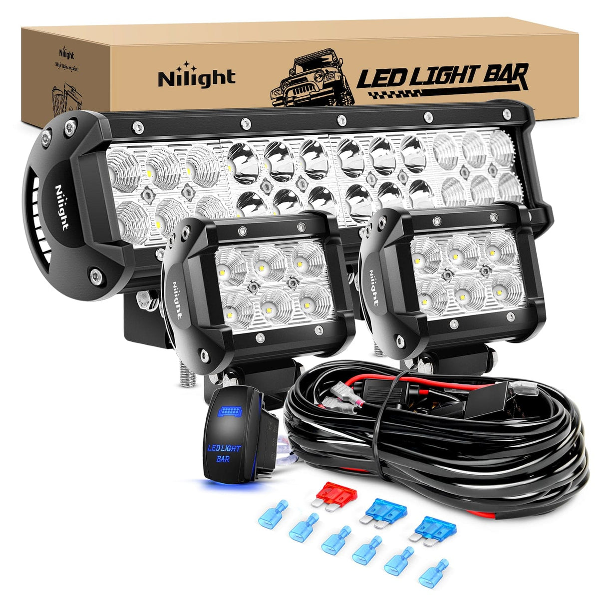 12Inch 72W Led Light Bars 2Pcs 18W Led Pods with Wiring Harness Kit-3 ...