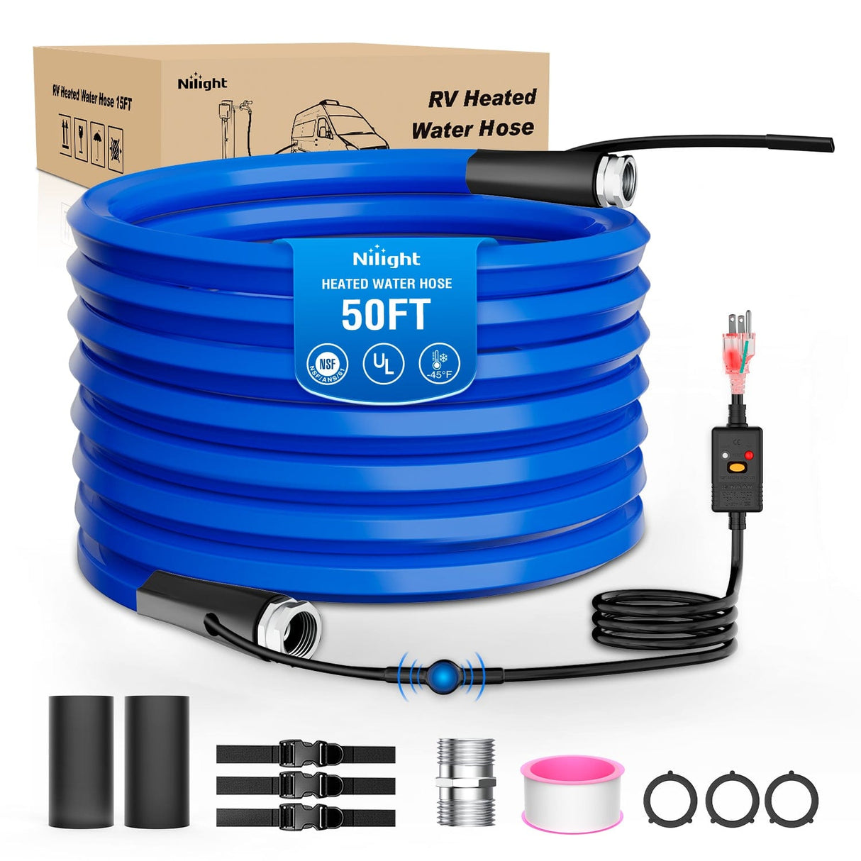 Nilight 50FT Heated Water Hose RV 5/8inch Inside Diameter -45°F Freeze Protaction Antifreeze Garden Drinking Hoses with Saving Thermostat and Smart Heat System for Winter Camper Supply Accessories