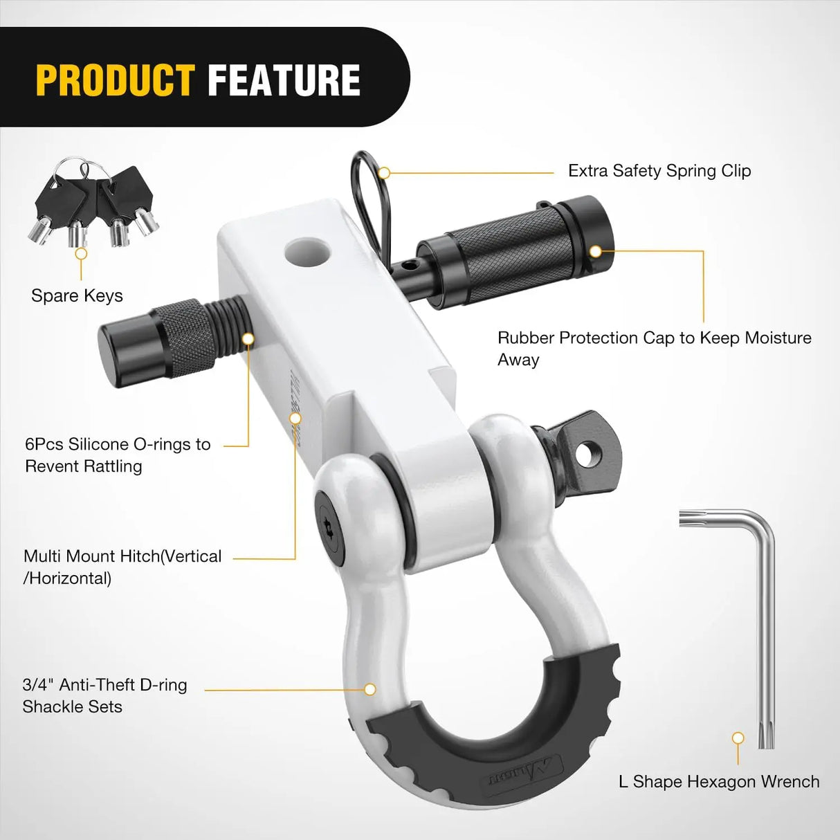 2 Inch Anti-Theft Shackle Hitch Receiver Set White Nilight