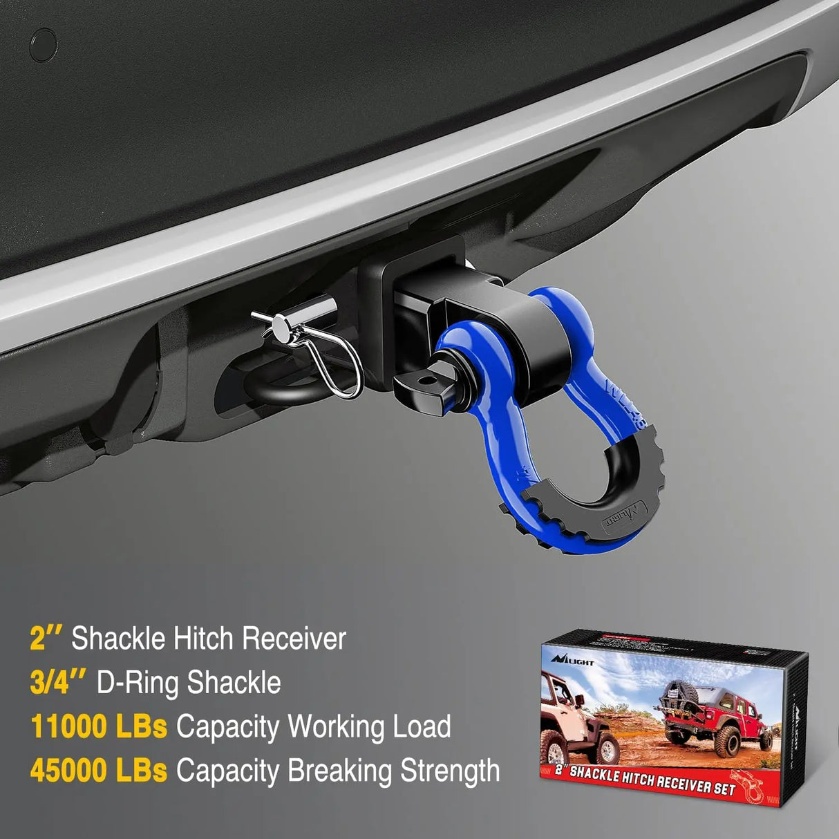 2 Inch Shackle Hitch Receiver 3/4 Inch D Ring Kit Blue Nilight