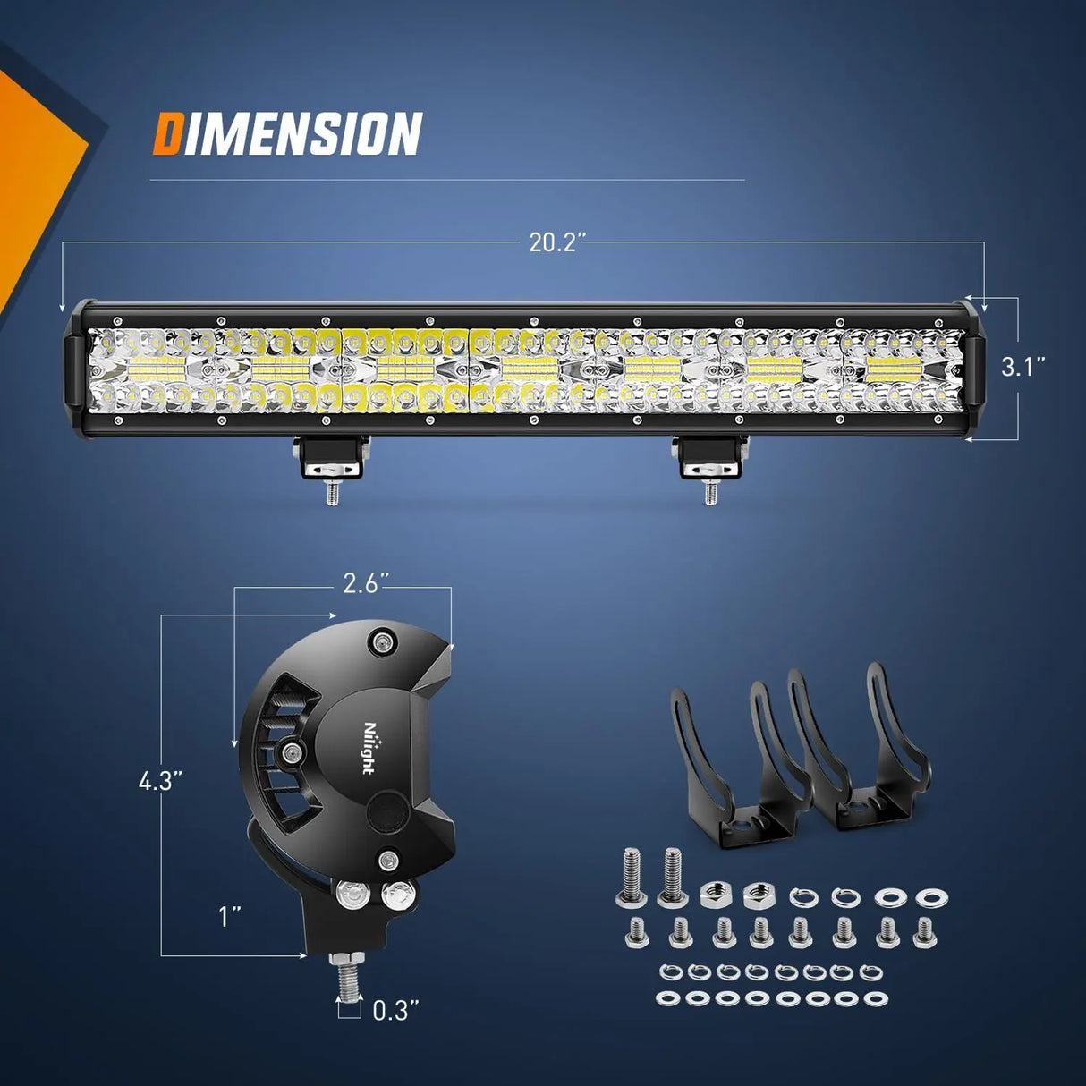 20 Inch 420W 42000LM Triple Row Spot Flood LED Light Bar W/ Front License Plate Frame Bracket | 16AWG Wire 5Pin Switch Nilight