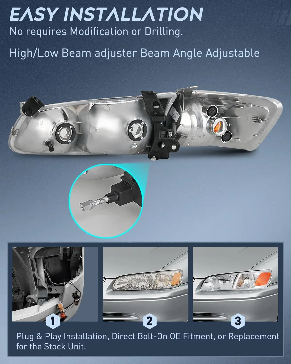 2000 2001 Toyota Camry Headlight Assembly Chrome Housing Amber Reflector Nilight